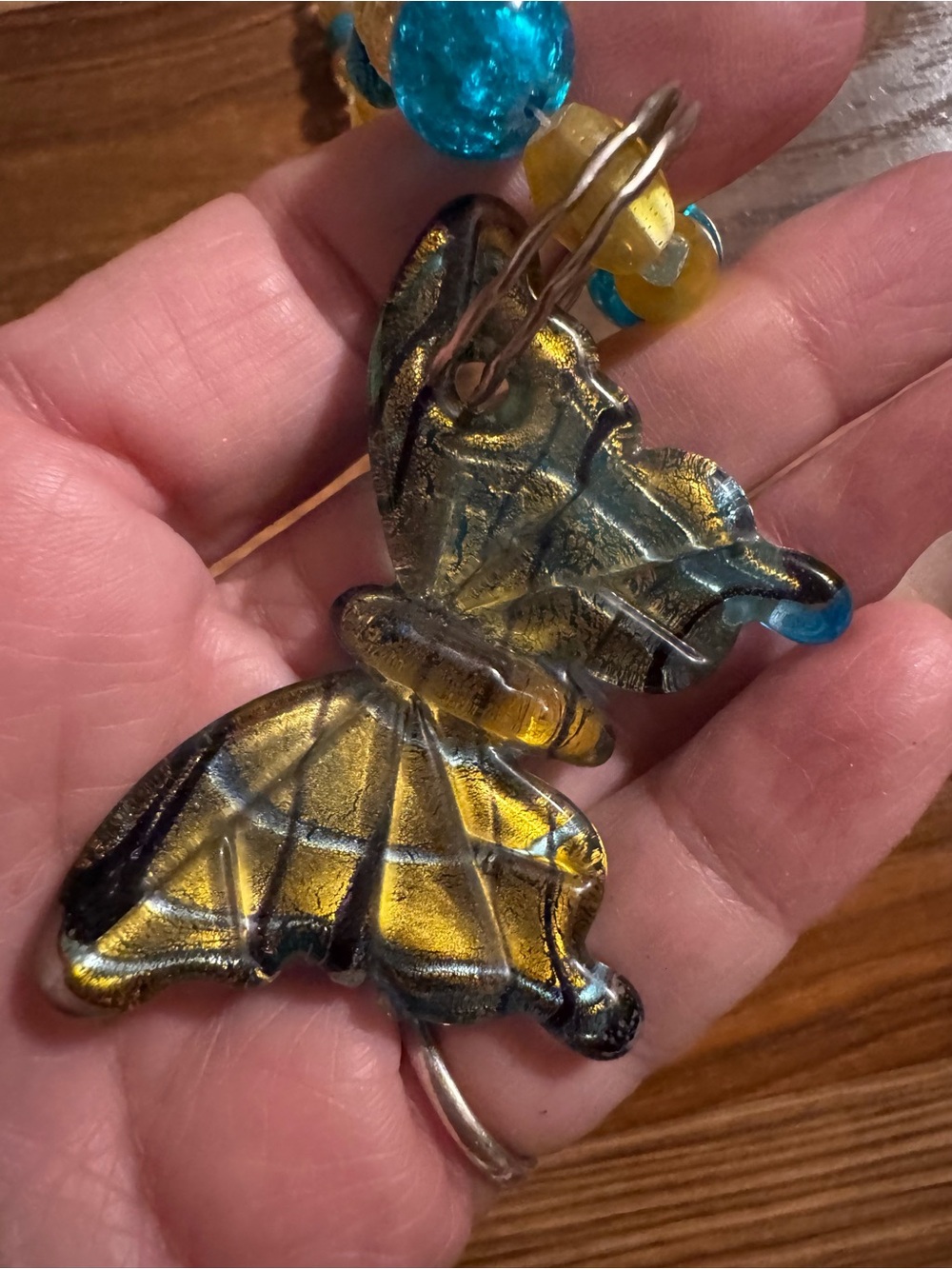 Vintage Gold and Teal Butterfly hand blown glass Pendant Necklace